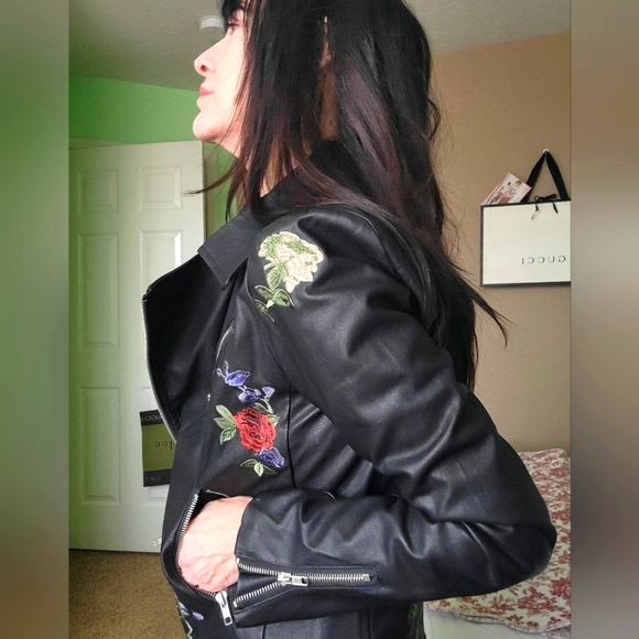 Olivaceous Jackets & Blazers - MockLeather biker Jacket with floral embroidery.